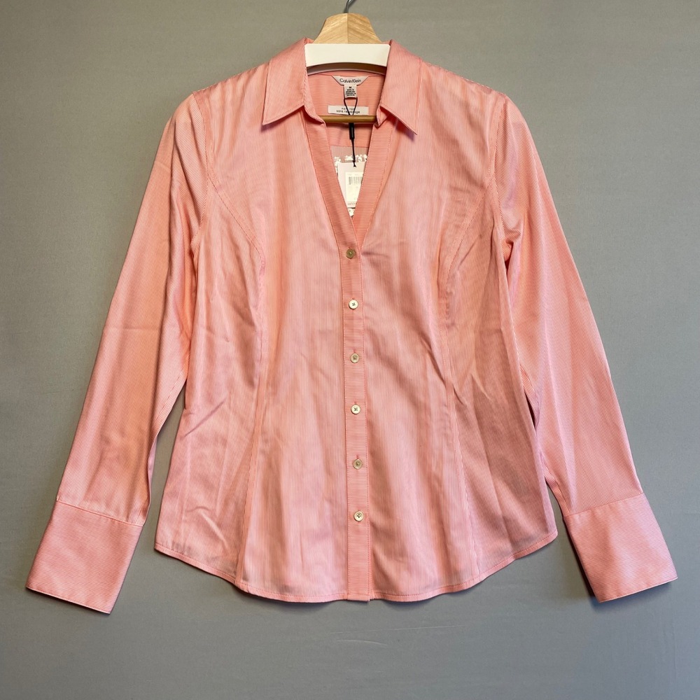 Calvin Klein Pink Pinstripe Button Up Shirt Womens Size M Cotton Stretch